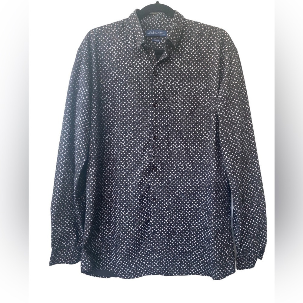 Zara Mens Black Printed Slim Fit Long Sleeve Button Down Dress Casual Shirt